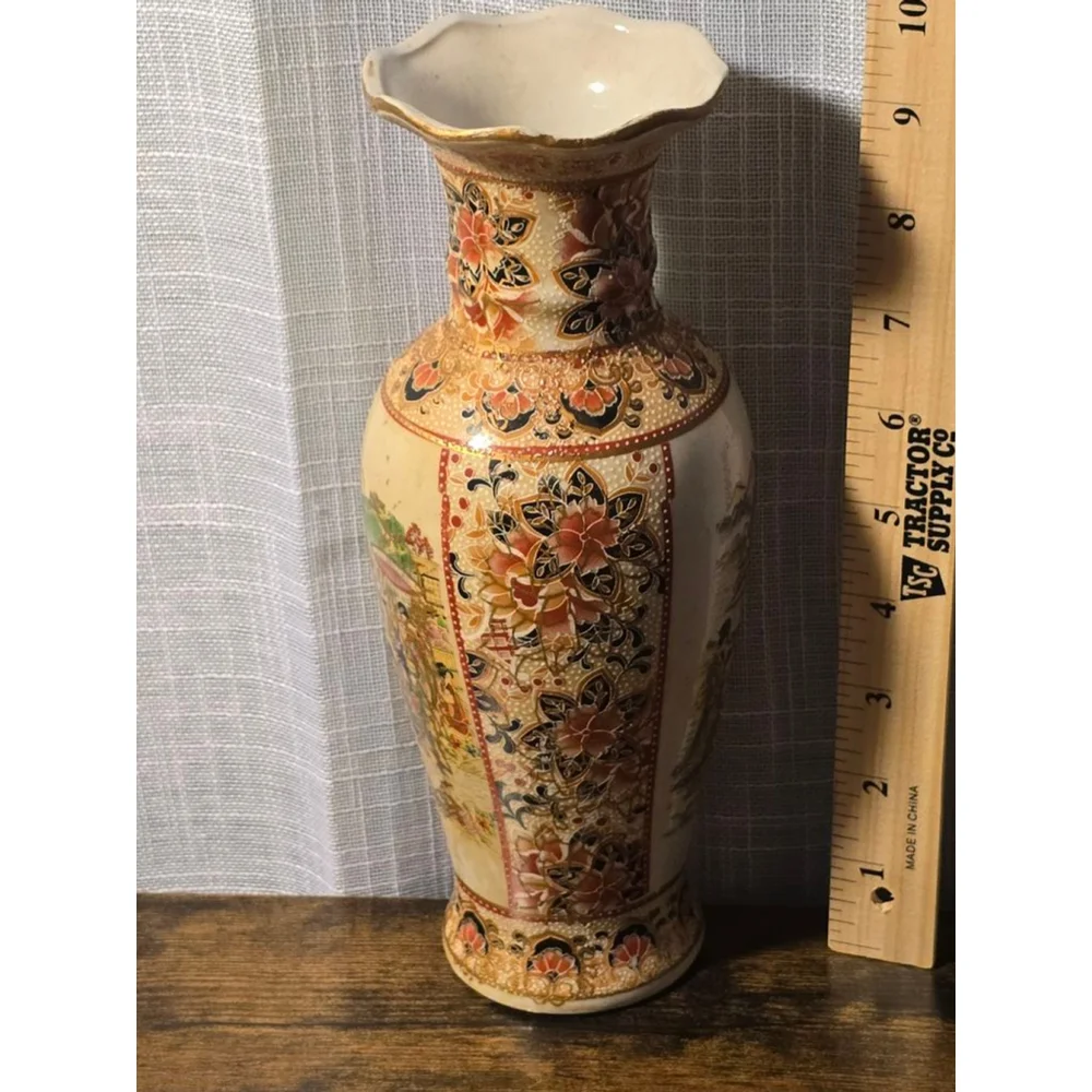Set of 2 Vintage‎ Japanese Style Vases Tan/Red 10 inch